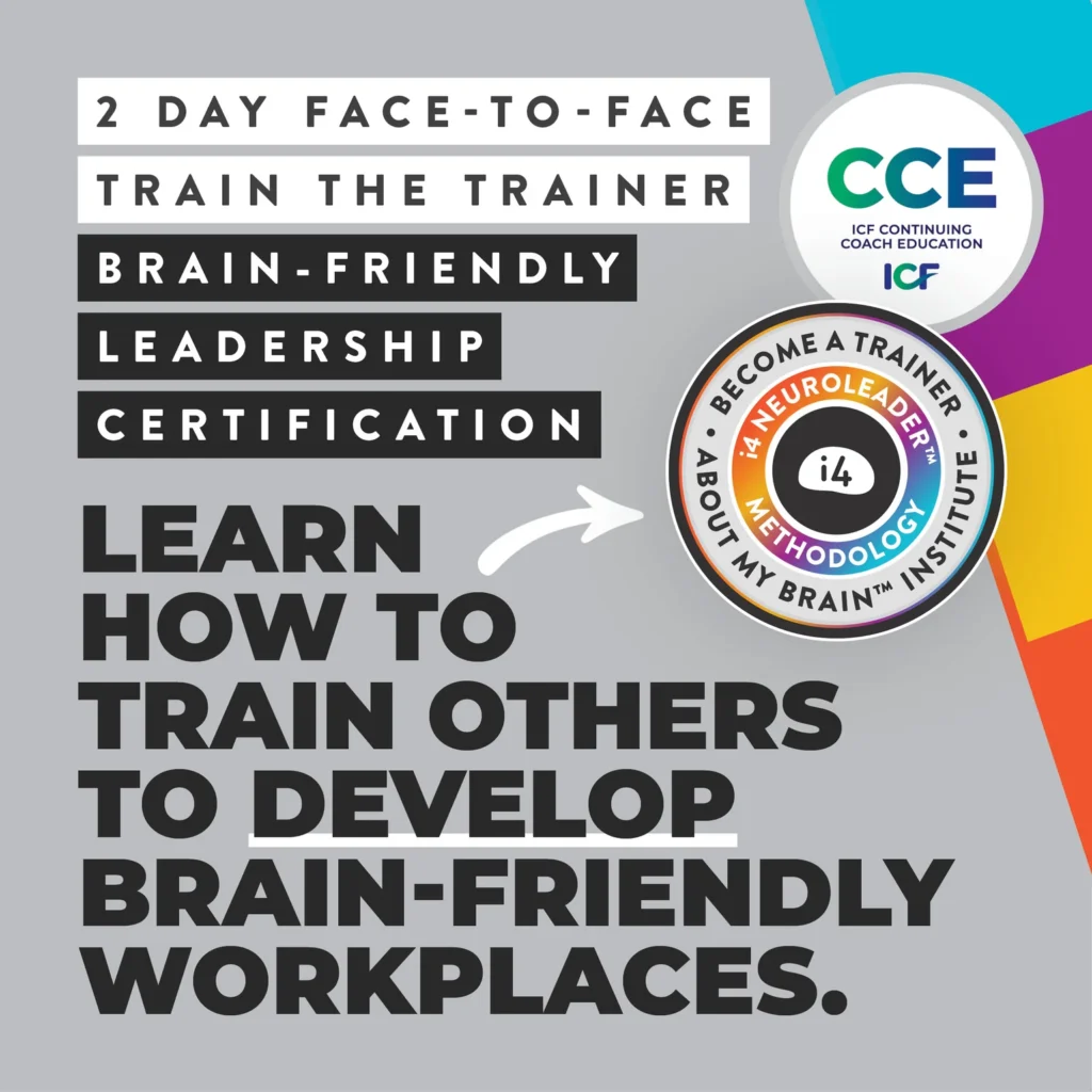 Angella Clarke-Jervoise Promotional graphic for a 2-day face-to-face Train the Trainer brain-friendly leadership certification, encouraging people to learn how to train others to develop brain-friendly workplaces.